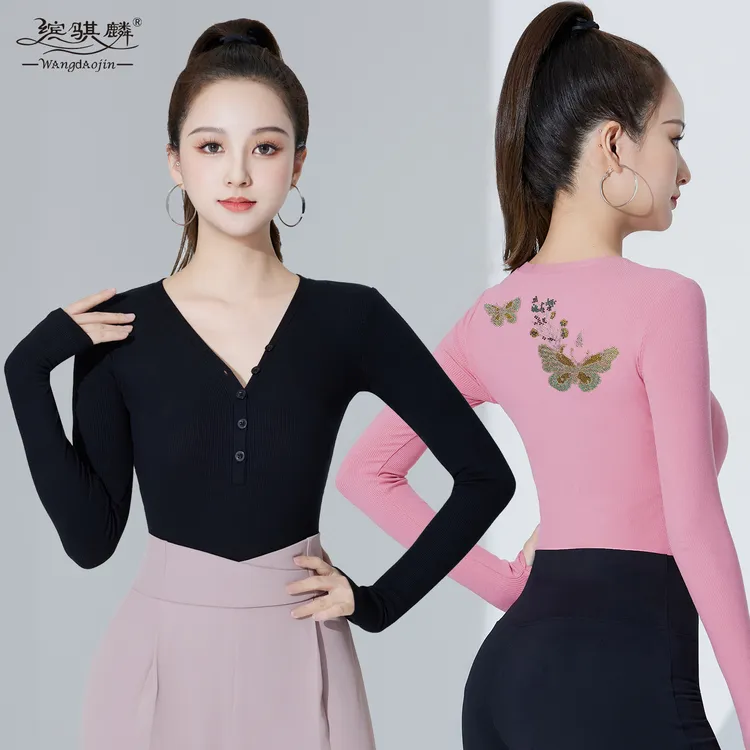 新款摩登舞长袖连体上衣高级蝴蝶钻V领国标舞服专业拉丁舞练功服