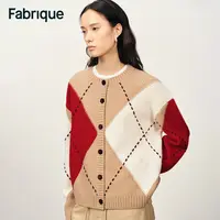 Fabrique Luce 秋冬新品浅驼撞色菱格绵羊毛圆领合身短款针织开衫