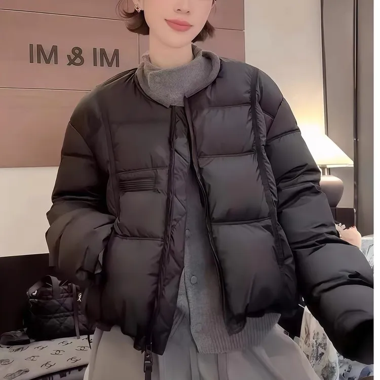 休闲时尚圆领羽绒服女短款2025冬季新款韩版上衣白鸭绒面包服外套