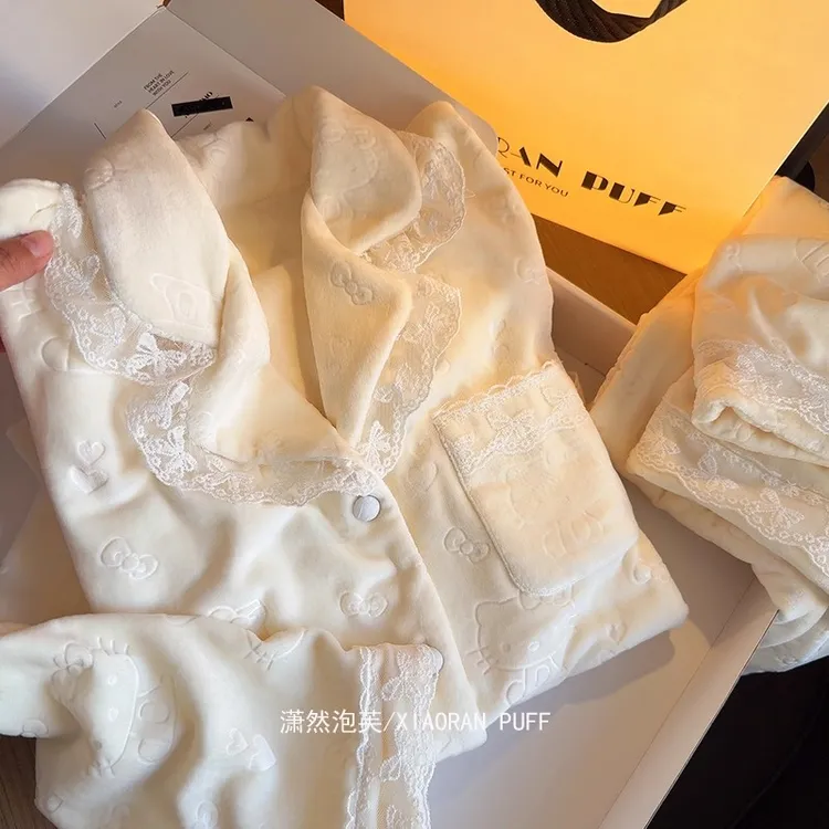 新款秋冬双面海岛绒加厚睡衣女长袖保暖可爱卡通Kitty家居服套装