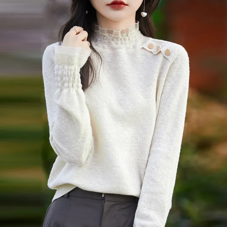 拉夏贝尔蕾丝半高领打底针织衫女2025年新款春秋洋气上衣女装毛衣