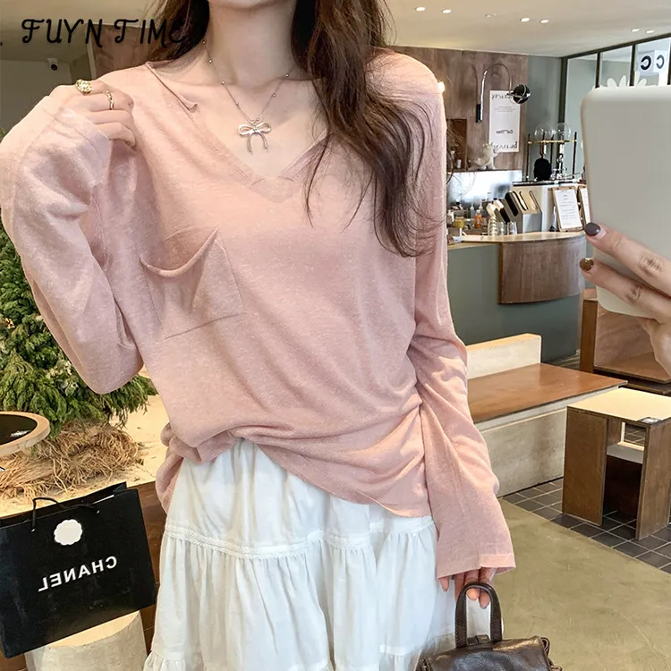 Z韩系宽松慵懒松弛感V领长袖内搭针织打底衫女2025春秋新款T恤上