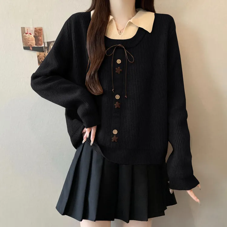 大码慵懒风假两件POLO领毛衣女秋冬微胖MM宽松显瘦洋气针织衫上衣