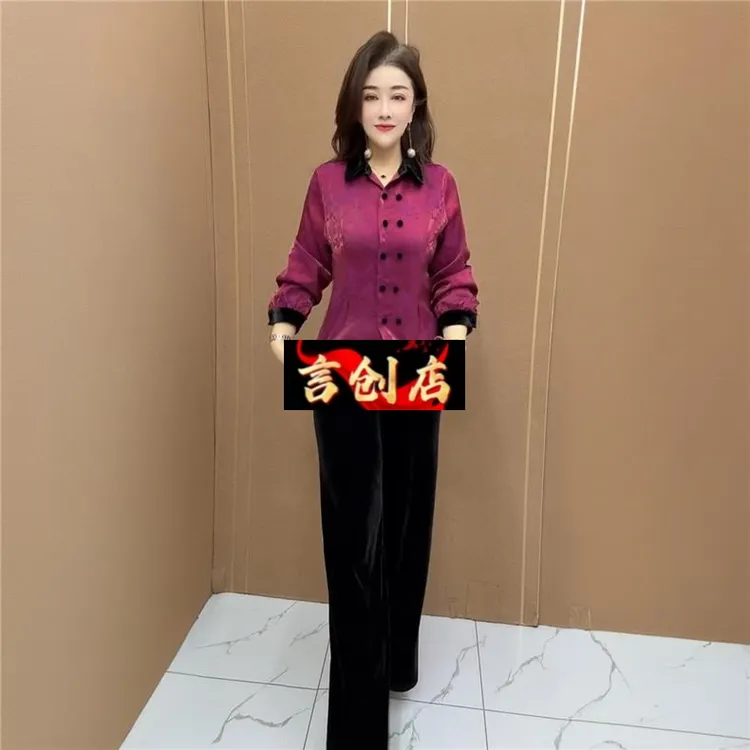 50140丝绒妈妈套装长袖翻领宽松国风阔腿裤衬衫高端中老年075＋140