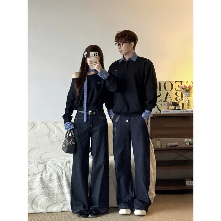 秋冬季情侣装格子拼接网红炸街男装高级感套头女卫衣男休闲卫衣