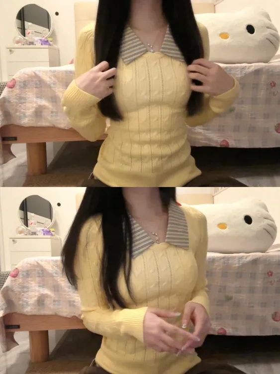 韩系黄色拼接条纹麻花件针织衫女秋冬季新款甜美修身显瘦内搭上衣