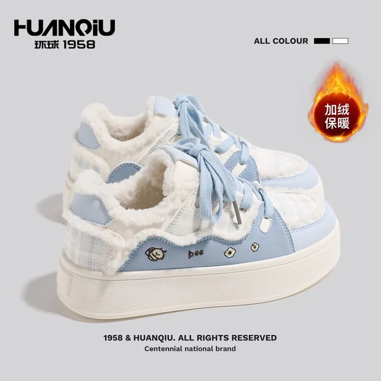 环球格纹休闲鞋保暖二棉鞋2025冬季新款百搭板鞋加绒加厚小白鞋女