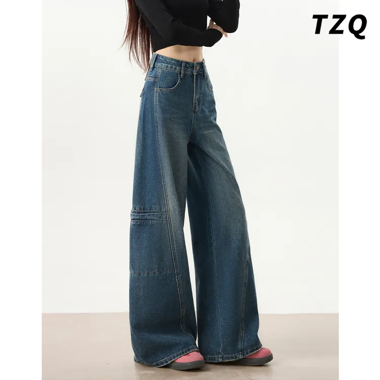 美式复古阔腿牛仔裤女款爆款2025秋季新款高腰显瘦宽松垂感拖地裤
