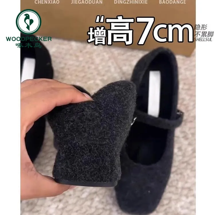 啄木鸟隐形内增高7CM！不累脚粗跟加绒单鞋2025秋冬玛丽珍毛毛女鞋