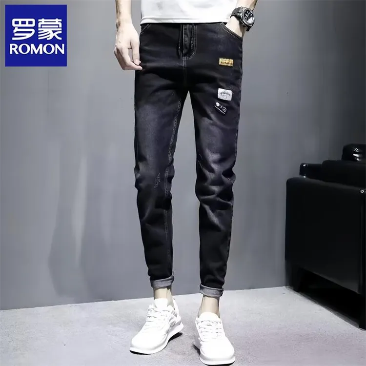 Romon/罗蒙夏季九分牛仔裤男士韩版修身小脚复古做旧高级感休闲裤