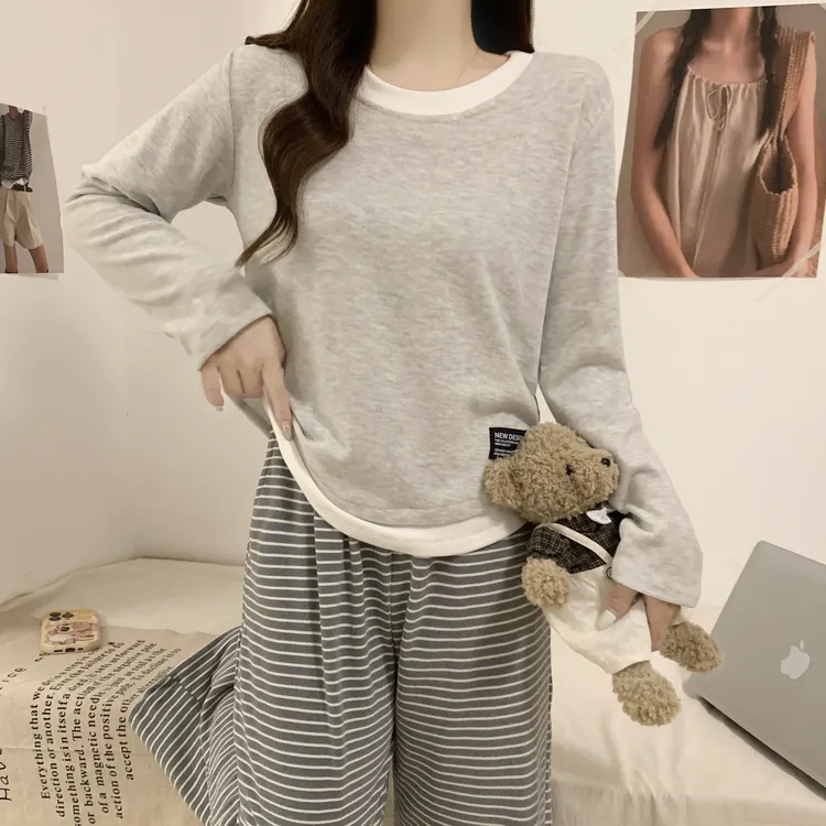 睡衣女款秋冬季加厚绵羊绒日系高级感保暖短款打底条纹长裤两件套