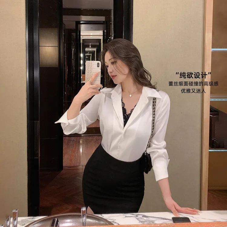 林关关【达人推荐】设计感拼接蕾丝缎面气质女人味衬衫搭性感包臀裙