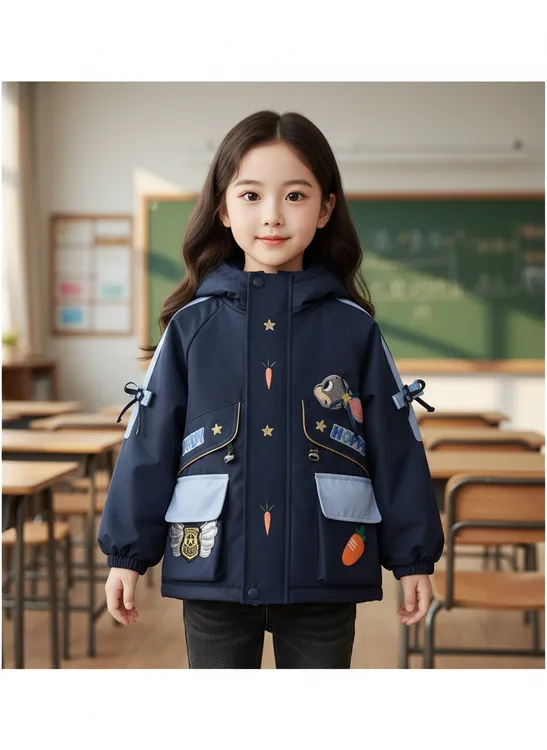 卡通新款兔子警官洋气儿童女宝连帽派克服热卖加绒加厚保暖棉服