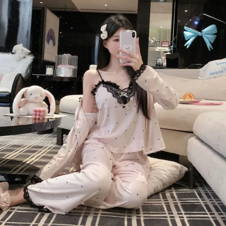 海岛绒性感睡衣女2025新款家居服三件套双面绒保暖秋冬季韩式睡衣