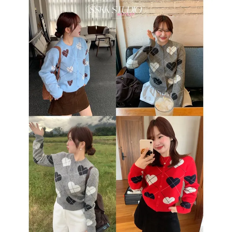 KMZY/KMZY山_山【heart❤】微胖韩系设计感圆领长袖爱心针织开衫上衣