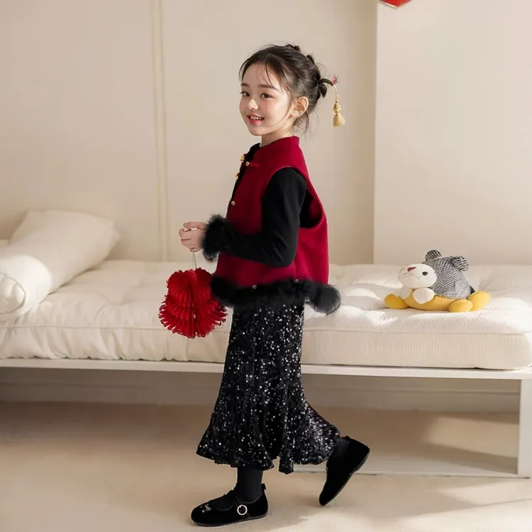 儿童过年服2025新款冬装新中式红色新年衣服公主裙套装女童拜年服