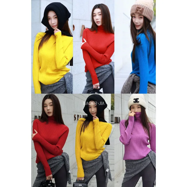 32-宝儿家含幂BV111825410冬季款高领立领细坑条纹绵羊毛针织上衣