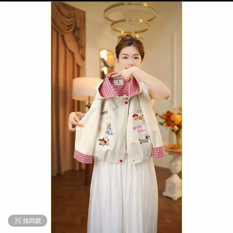 女童连帽冲锋衣春秋装2025新款儿童刺绣上衣韩版女孩格子外套洋气