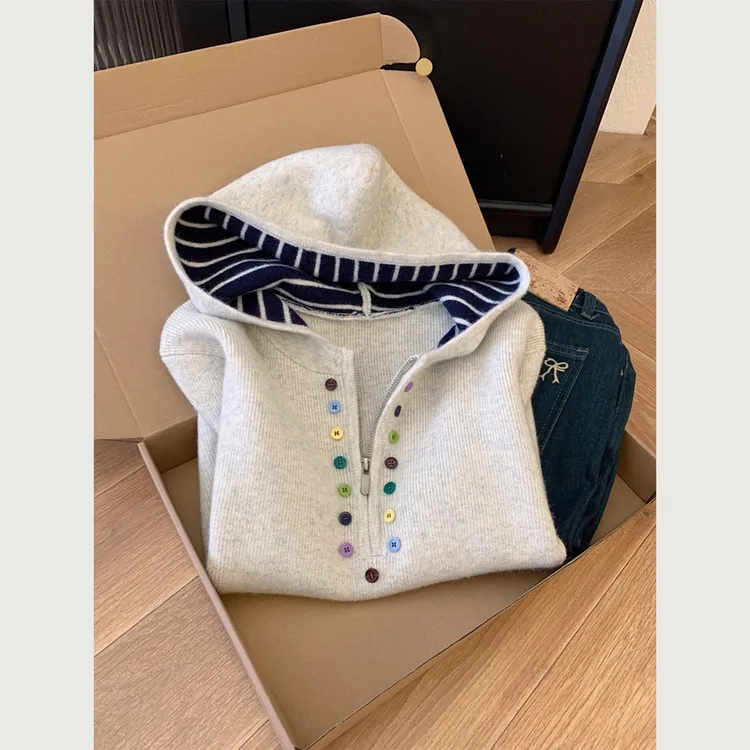 半拉链连帽套头长袖针织衫毛衣女士秋冬季内搭韩系慵懒风别致上衣