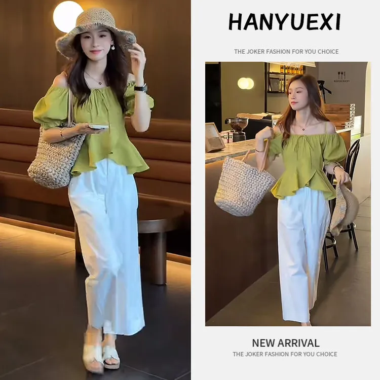 今年流行穿搭一整套2025新款吊带一字肩减龄俏皮上衣休闲长裤套装