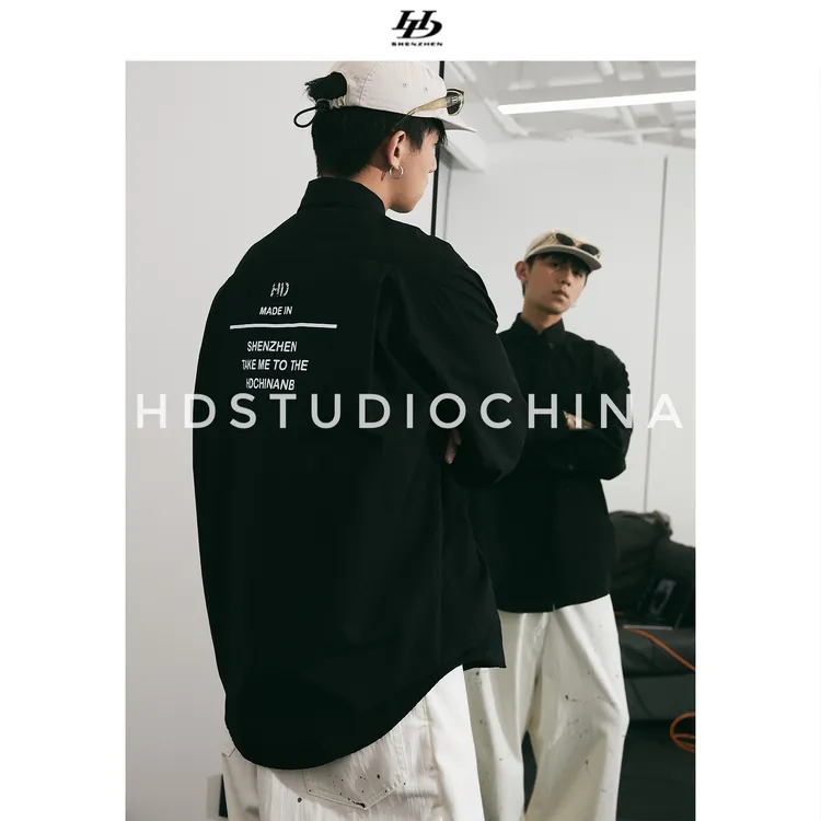 HDCHINA[字母]秋冬款免烫抗皱长袖衬衫百搭宽松廓形防晒衬衫男