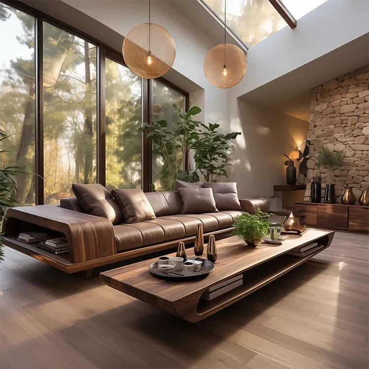 新中式胡桃木沙发组合现代简约轻奢禅意别墅客厅高级感三人位沙发