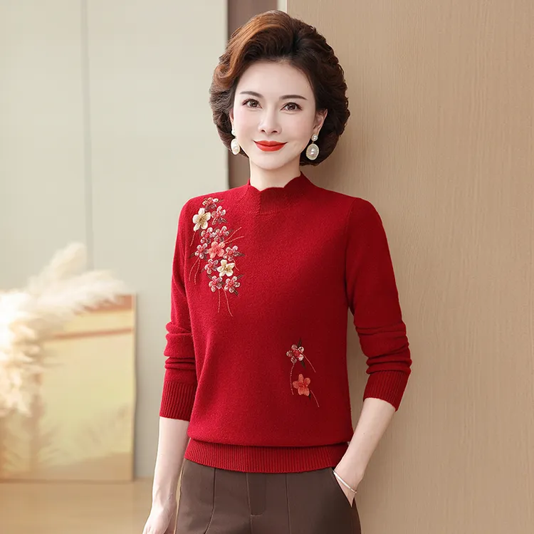100%纯羊毛衫妈妈装秋冬新款打底衫毛衣中老年人洋气宽松针织衫女