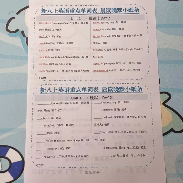 2025秋季新人教八年级上册1~8单元英语重点单词表晨读晚默小纸条