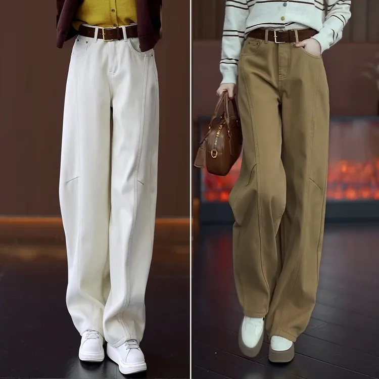 卡其黄加绒弯刀牛仔裤女秋冬爆款宽松百搭直筒裤加厚窄版阔腿长裤