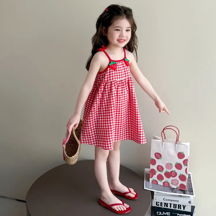 夏季新款韩版女童中小童时髦网红夏装女小孩可爱吊带格子背心裙