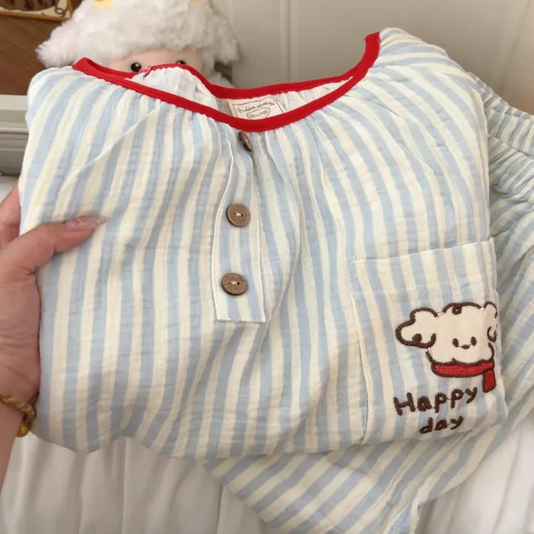 可爱卷毛小狗条纹睡衣女春秋新款纯棉棉纱长袖长裤套装少女家居服