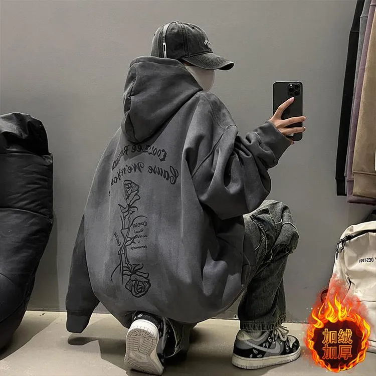 国潮玫瑰花800g重磅硬挺卫衣男连帽秋冬季加绒加厚潮牌麂皮绒外套