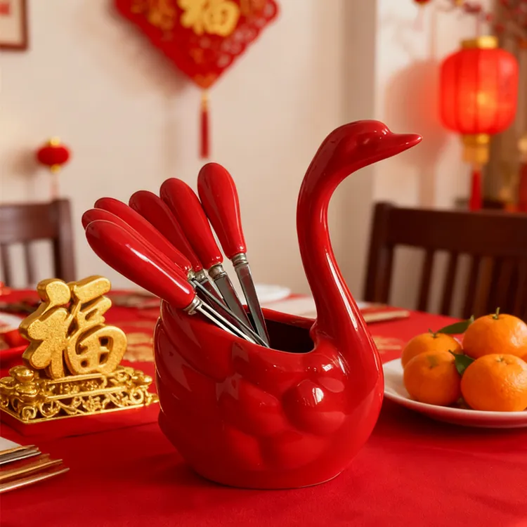 【天鹅水果叉】高颜值陶瓷水果叉釉下彩果签叉甜品叉304叉子牛排叉