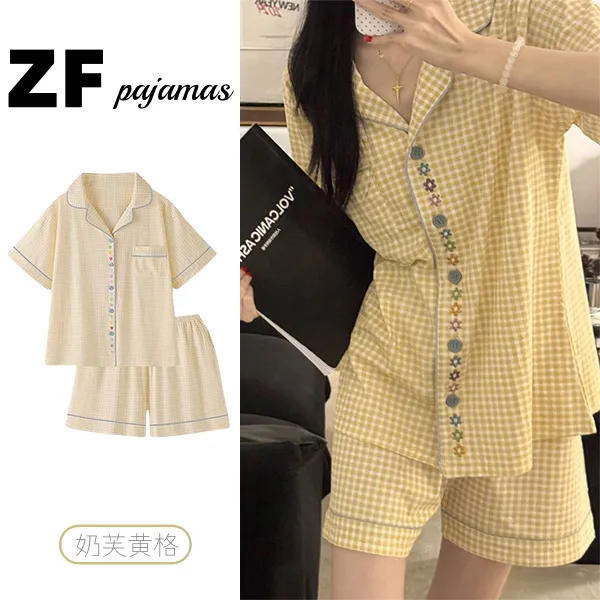 新款夏季睡衣女100%纯棉韩版黄格学生ins甜美薄款宽松家居服套装