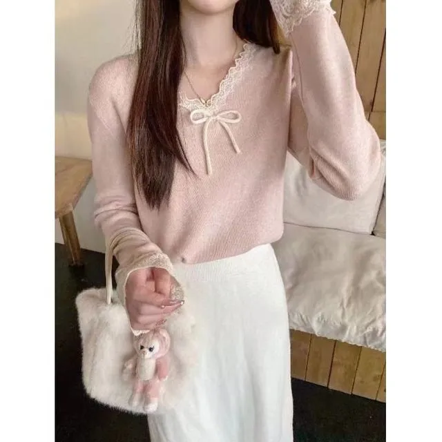 蝴蝶结法式v领毛衣长袖针织衫女2025新款春秋冬设计感小众高级感