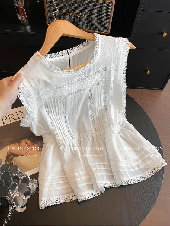 法式高级感蕾丝镂空拼接圆领衬衫女2025夏季甜美时尚气质无袖上衣