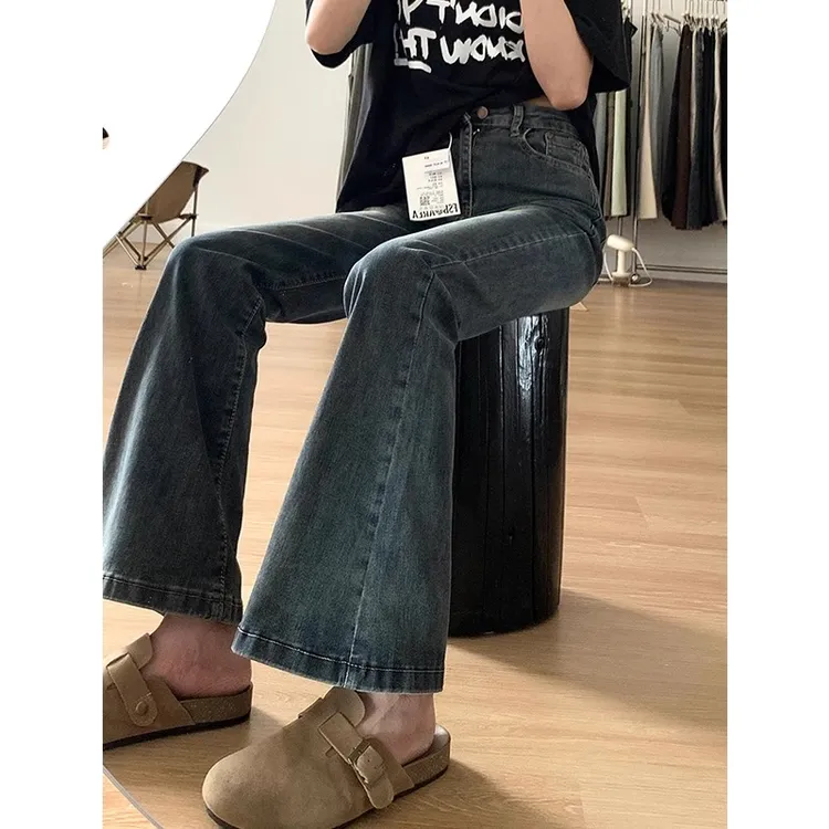 雪千羽美式微喇叭牛仔裤女2025年春秋高腰显瘦宽松拖地阔腿喇叭裤