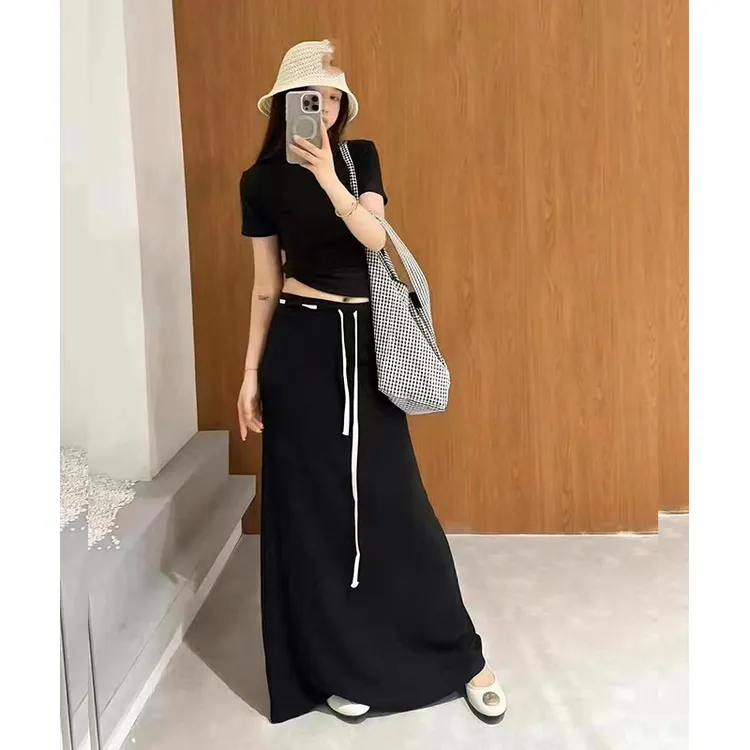 设计感小众抽绳绑带半身裙女夏季新款高腰显瘦垂感休闲a字长裙子