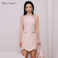 达人专属Misi,Camii2025早春新款女装珠片织带削肩连衣裙名媛穿搭