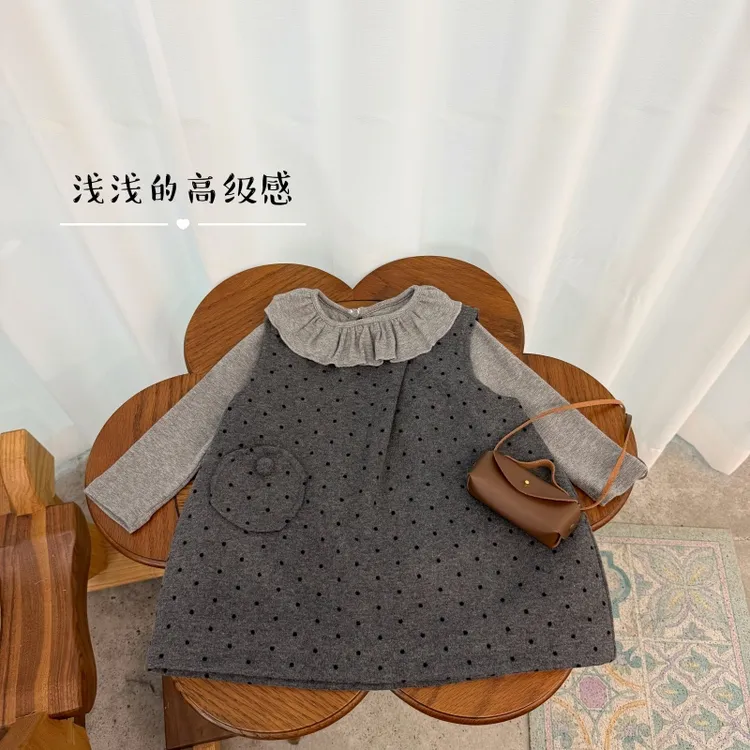 【巧克力豆】Q25201T荷叶领打底衫+Q25202QZ波点背心裙