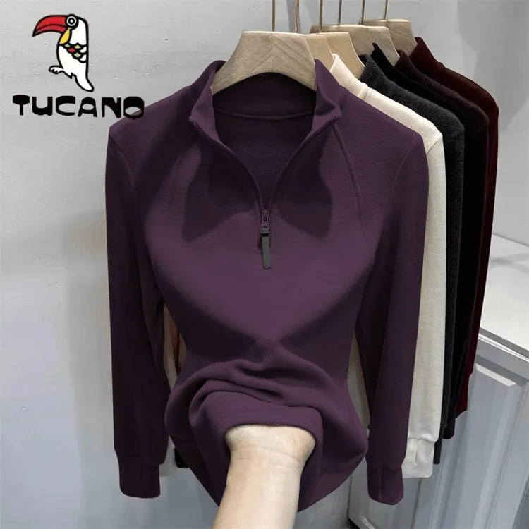 啄木鸟双面德绒保暖纯色立领长袖T恤女秋冬季时尚百搭韩版上衣潮