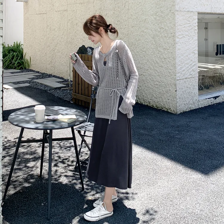灰色针织罩衫吊带连衣裙套装女2025早秋新款轻熟风气质独特两件套