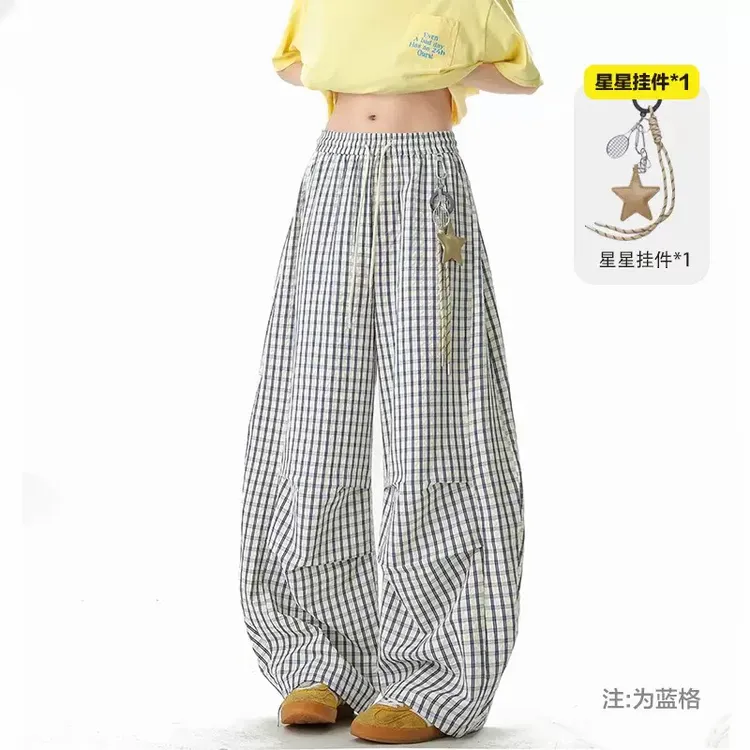慵懒感格子休闲弯刀裤男女夏季潮ins星星挂饰阔腿裤宽松情侣长裤