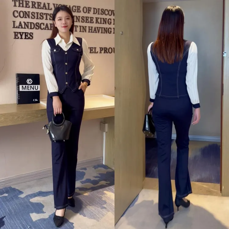 百花果【防褪色】2026早春季新款假两件时尚拼接大码女装套装有弹力