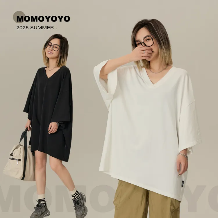 辰辰妈【港姐】夏季休闲落肩袖宽松显瘦遮肉露锁骨长款上衣7700DM