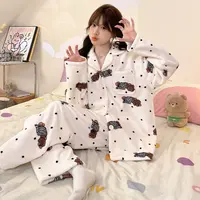 新款睡衣女冬季绒款条纹小狗加厚保暖可外穿家居服绒套装休闲裤子