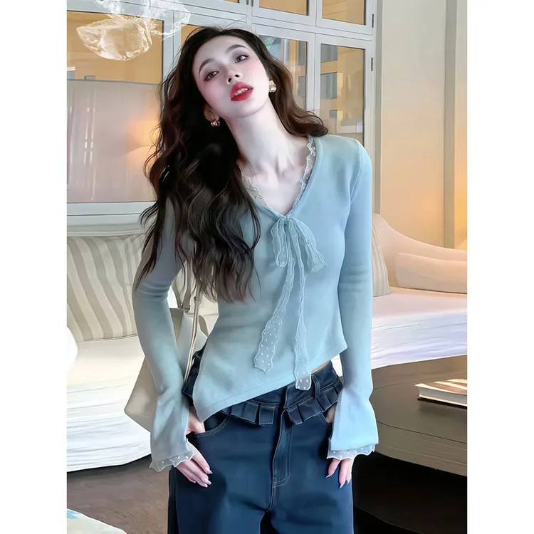 秋冬不规则温柔风打底气质上衣韩系复古V领蕾丝系带长袖针织衫女
