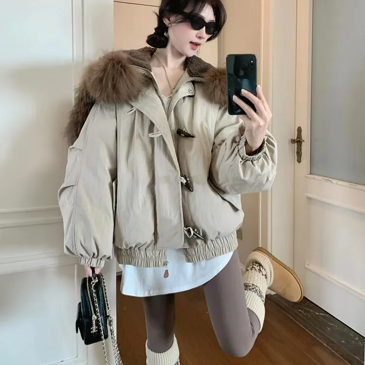 复古棉袄外套2025新款冬季牛角扣工装女大毛领棉服加厚工装棉衣