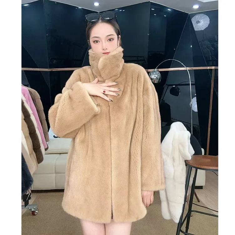 【三嫂推荐】新款爆款网红水貂整貂毛中长款立翻领皮草外套时尚女