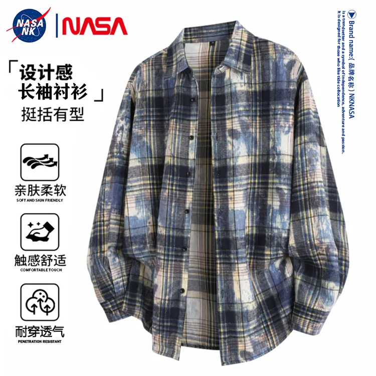 NASA联名格子长袖衬衫男士秋季扎染潮牌日系复古寸衫休闲秋冬外套